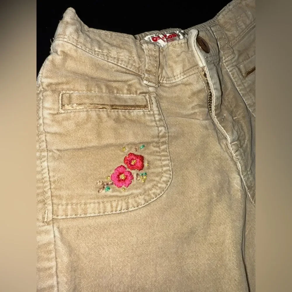 OshKosh B’Gosh VTG Toddler Girl Khaki Velvety  floral Embroidered  Pants 4T GUC